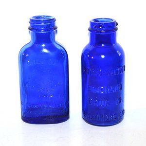 Set Of 2 Vintag Medicine Bottles Blue Color Bromo Seltzer Milk Of Magnesia